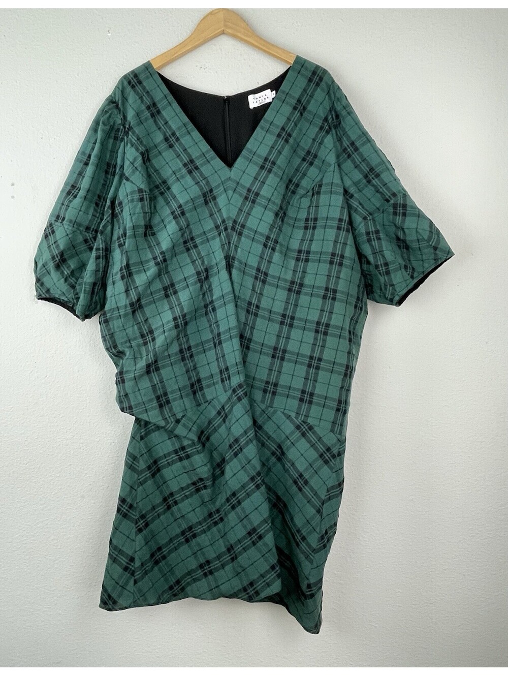 Tanya Taylor Dress 20 Plus Size Green Black Plaid Puff Sleeve Asymmetric Ruched
